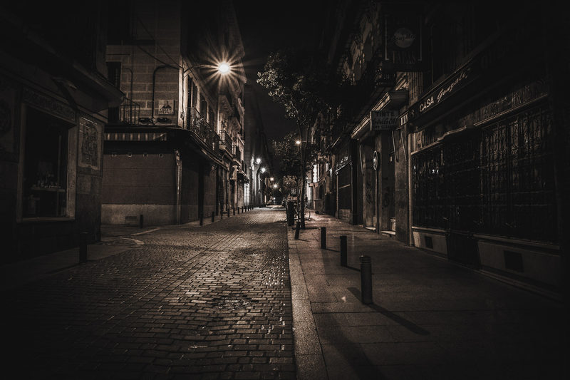 The street up from the quay, well past midnight.