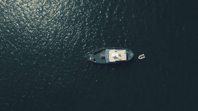 A small boat heading out, seen from the bridge.